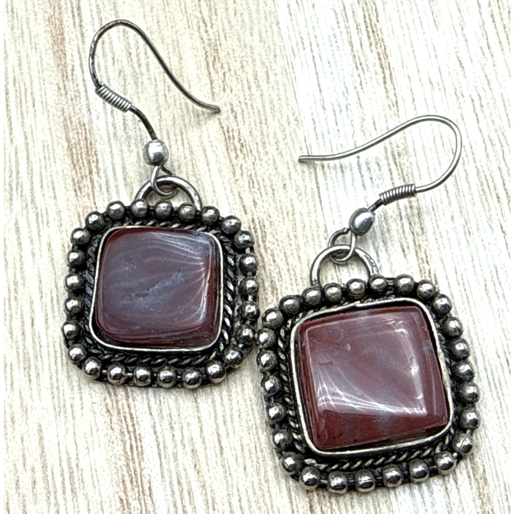 Garnet Earrings Genuine Stone Square‎ Cabochons Antiqued Silver Tone Dangles